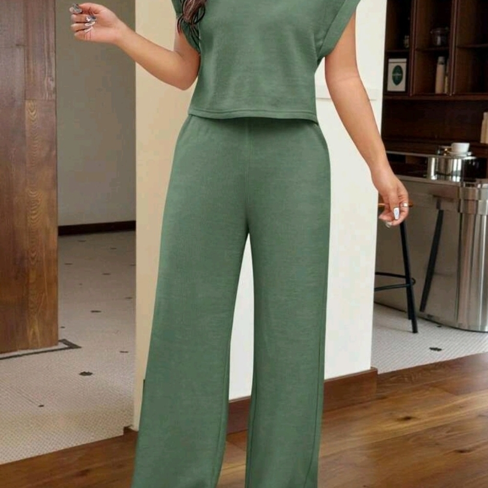 SHEIN Olive Green Wide-Leg Knit Pants